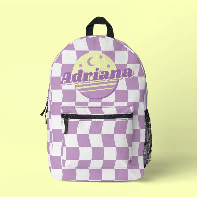Teen Girl Purple White Wavy Grid Name School Printed Backpack (Creator Uploaded)