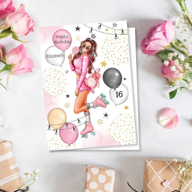 Teen Girl Rollers Balloons Happy Birthday Holiday Card (Creator Uploaded)
