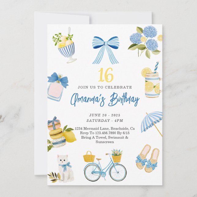 Teen Girl Summer Blue Yellow Birthday Invitation (Front)