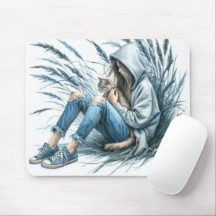 Teen Girl With Pet Cat Mouse Mat