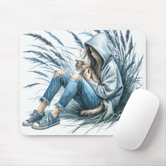 Teen Girl With Pet Cat Mouse Mat (With Mouse)