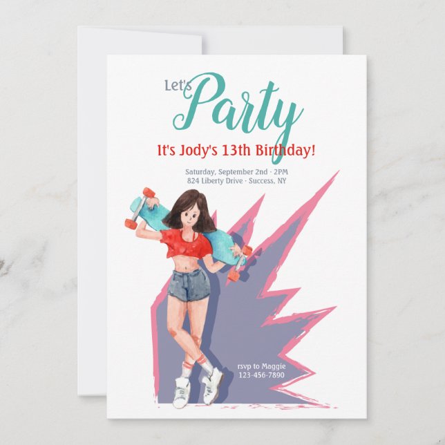 Teen Girl with Skateboard Invitation (Front)