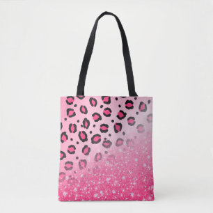 Teen Girls Pink Leopard Print Faux Sparkly Glitter Tote Bag