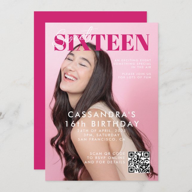 Teen Magazine Cover QR Code Sweet Sixteen Birthday Invitation (Front/Back)