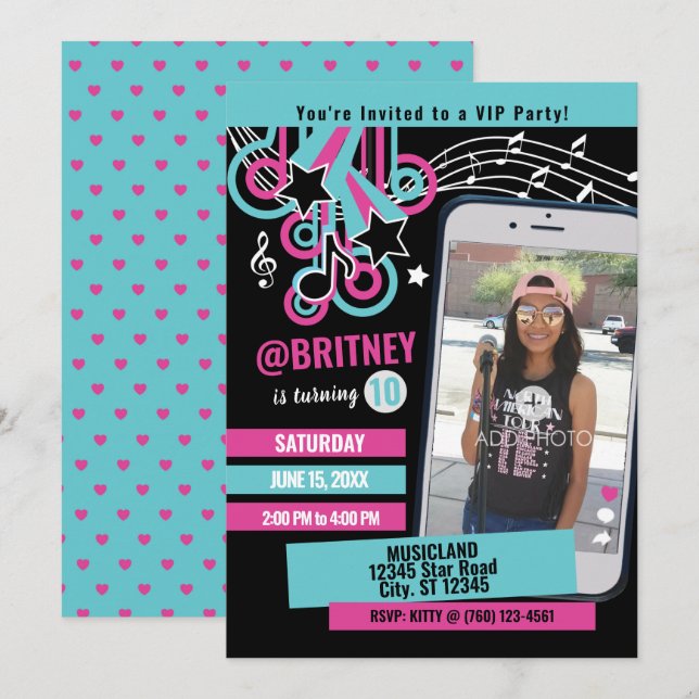 Teen Music Star Photo Birthday Invitation (Front/Back)