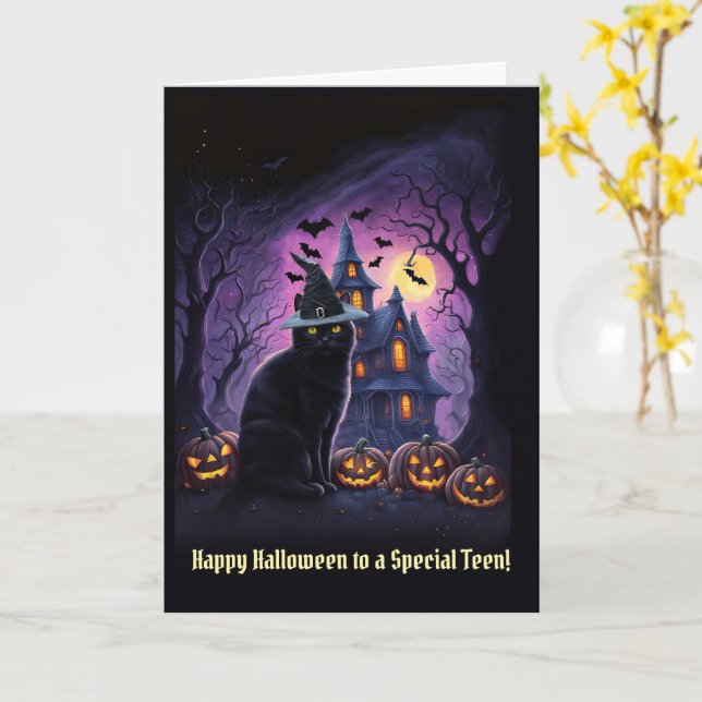 Teen or Teenagers Happy Halloween Black Cat  Card (Yellow Flower)