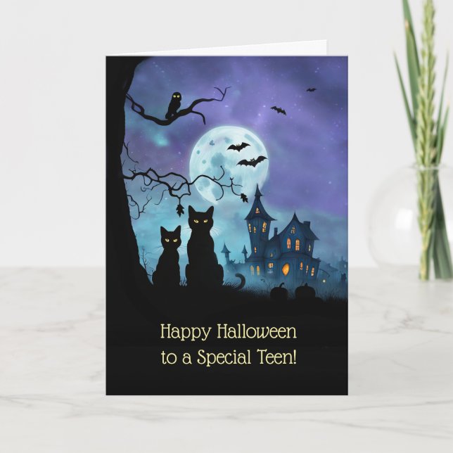 Teen or Teenagers Happy Halloween Black Cats  Card (Front)