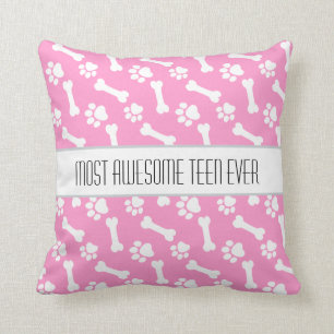 TEEN Pink and White Dog Bones and Paw Prints D6 Cushion