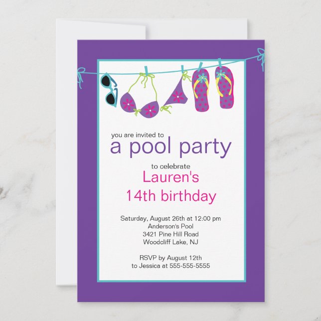 Teen Pool Party Invitation Flip Flops Clothesline (Front)