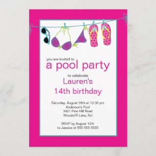 Teen Pool Party Invitation Flip Flops Clothesline