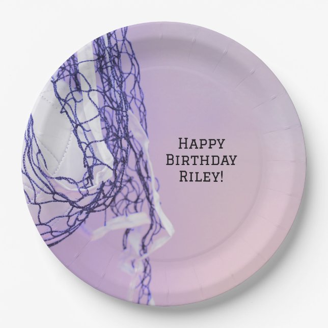 Teen Purple Birthday Party Net & Volleyball Paper Plate (Front)