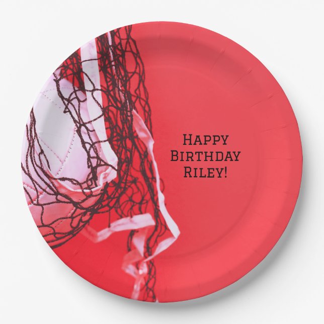 Teen Red Birthday Party Net & Volleyball  Paper Plate (Front)