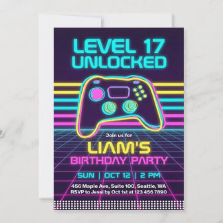 Teen Retro Neon Gamer Birthday Invitation for Boys
