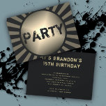 Teen Sons Birthday Party Grunge Black Invitations<br><div class="desc">Birthday party invitation for the teenage boy.  Black and dirty gold colours with grunge font style on a horizontal card.  Big "Party" lettering on front,  with distressed printed text on the back.  Easily customise with as many lines of text as needed in paragraph form.</div>