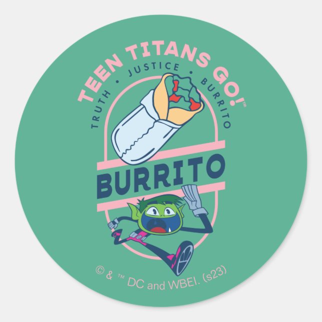 Teen Titans Go! Beast Boy "Truth Justice Burrito" Classic Round Sticker (Front)
