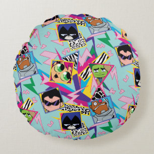 Teen Titans Go!   Retro 90's Group Collage Round Cushion