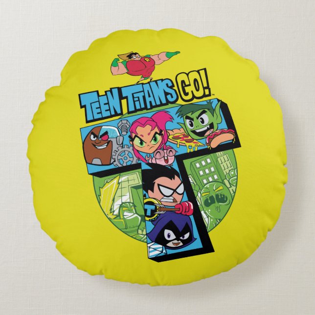 Teen Titans Go! | Titans Tower Collage Round Cushion (Front)