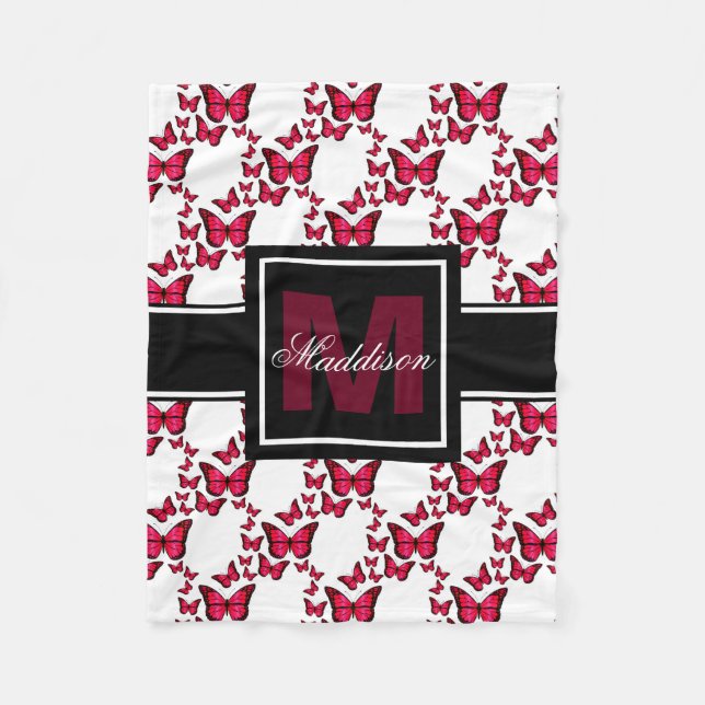 Teen Tween Girls Personalised Monogram Butterfly Fleece Blanket (Front)