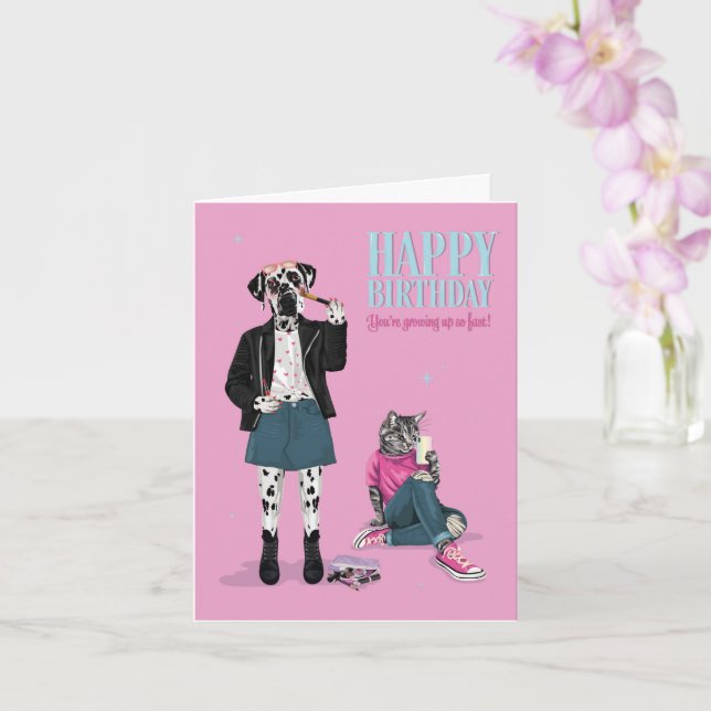 Teenage Birthday for Her Dog and Cat Dress Up  Card (Orchid)