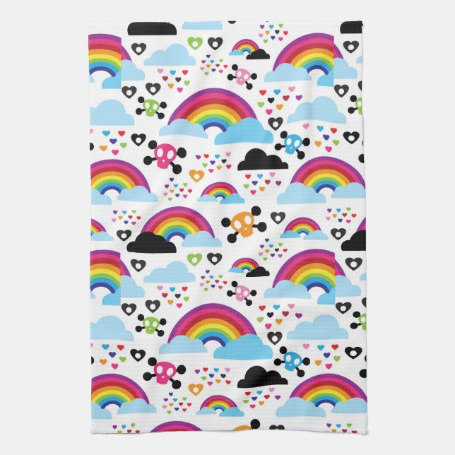 Teenage emo rainbow skull background tea towel (Vertical)