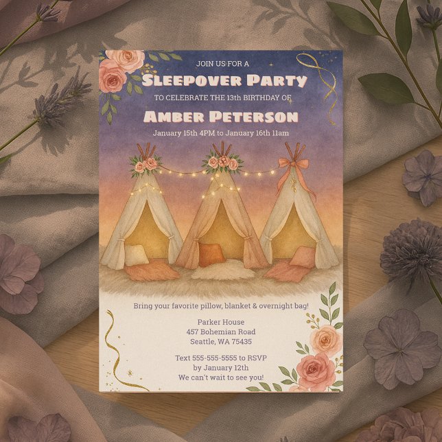 Teenage Girl Charming Sleepover Birthday Party Invitation (Teenage Girl Charming Sleepover Birthday Party Invitation)