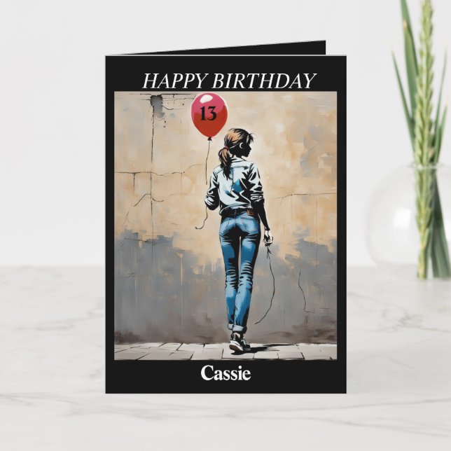 Teenage girl with red balloon Banksy style AI Card (Front)