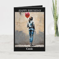 Teenage girl with red balloon Banksy style AI Card