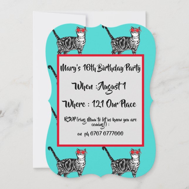 Teenage Girls Aqua Cat Birthday Invitation (Front)