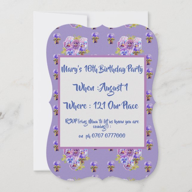 Teenage Girls Purple Floral Birthday Invitation (Front)