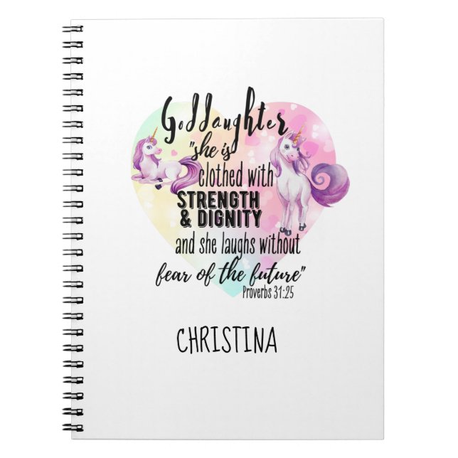 Teenage Goddaughter Gift Pink Unicorn Proverb Cute Notebook (Front)