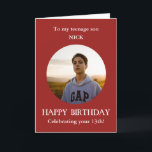 Teenage Son Photo 13th Birthday Card<br><div class="desc">Teenage Son Photo Birthday Card Red White from mom, mum, mother. For age 13. The first teenager birthday! Alternatively, you can add any relationship and add ANY AGE of birthday–14th, 15th, 16th, 17th, 18th Add your own selected photo into a red round frame to make this card a special memento...</div>