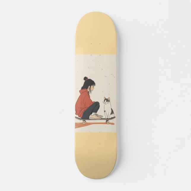 Teenager sitting on skateboard and next to his cat (Front)