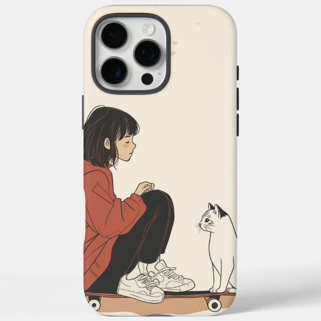 Teenager sitting on skateboard and next to his cat Case-Mate iPhone case (Back)