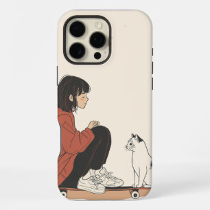 Teenager sitting on skateboard and next to his cat iPhone 16 pro max case
