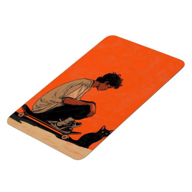 Teenager sitting on skateboard and next to his cat magnet (Left Side)