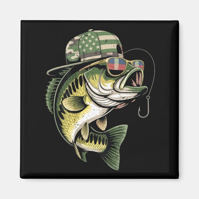 Teens boy camo bass fishing american flag fishing magnet (Front)