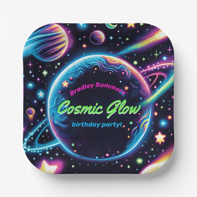 Teens Cosmic Glow Space Themed Birthday Party Paper Plate (Front)