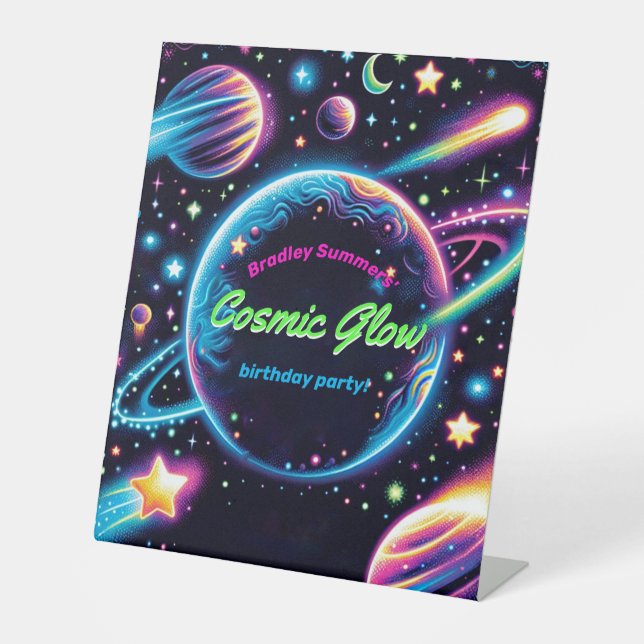 Teens Cosmic Glow Space Themed Birthday Party Pedestal Sign (Front)