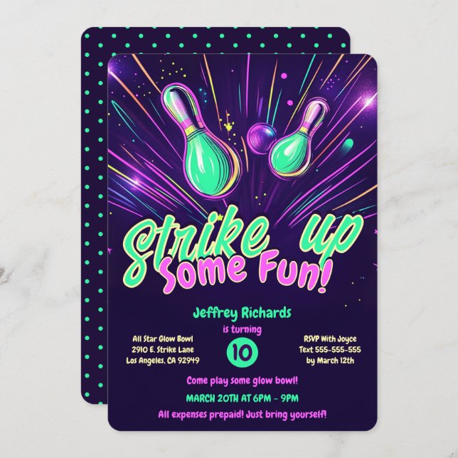 Teens Glow in the Dark Bowling Party Invitation (Front/Back)