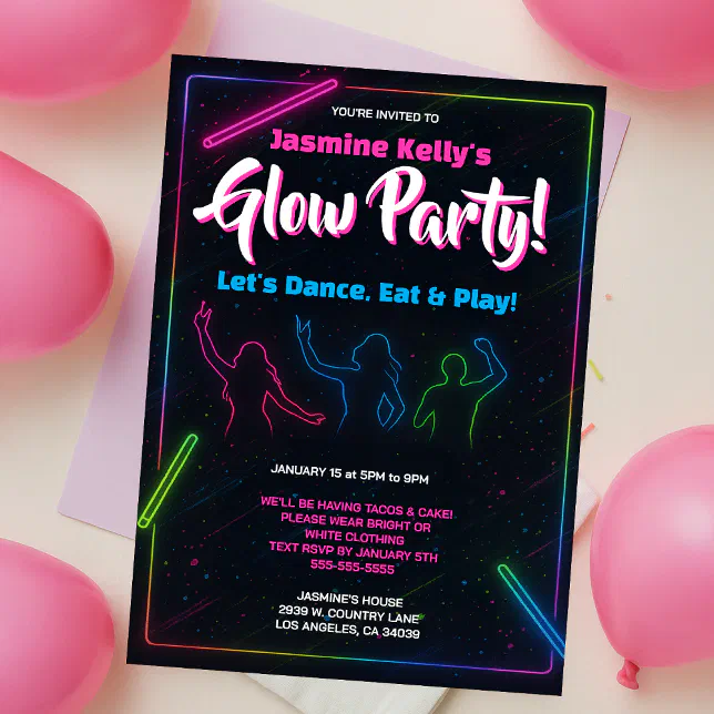 Teens Neon Glow Party Silhouette Dance Invitation | Zazzle