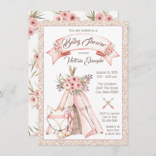 TeePee Fox Baby Shower Invitations (Front/Back)