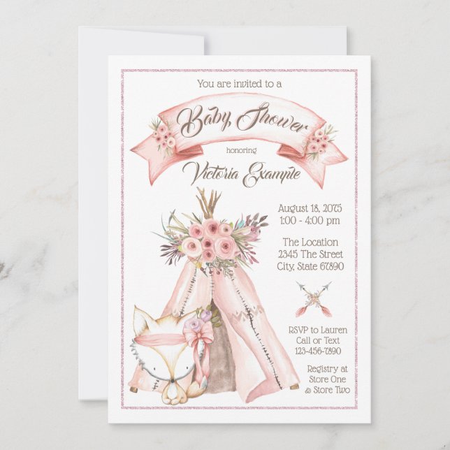 TeePee Fox Tribal Baby Girl Shower Invitations (Front)