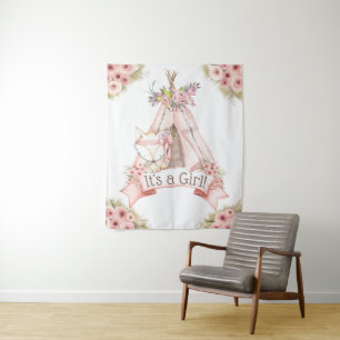 Teepee Fox Tribal Baby Shower Backdrop Banner Tapestry