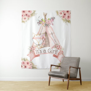Teepee Fox Tribal Baby Shower Backdrop Tapestry