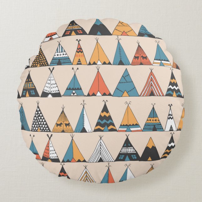 Teepee pattern. Wigwam native american summer tent Round Cushion (Front)
