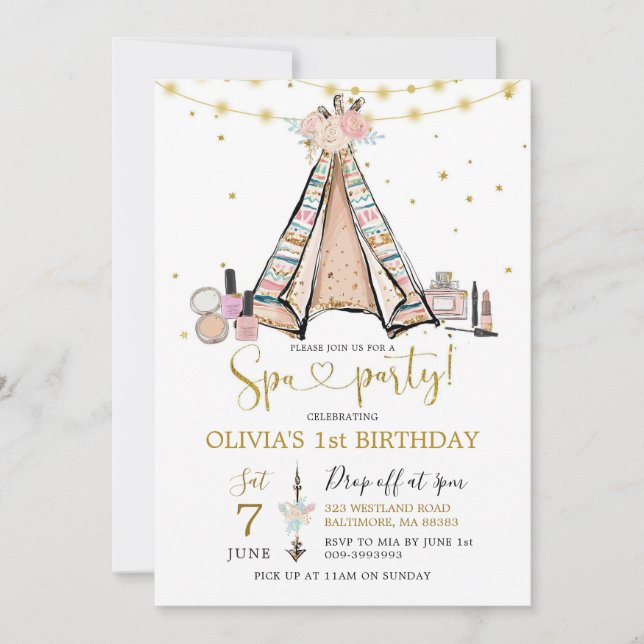 Teepee Pink Floral Girl Spa Party Invitation (Front)