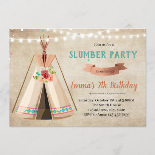 Teepee slumber party birthday invitation