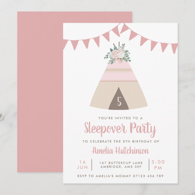 Teepee Slumber Party Girls Pink Floral Birthday Invitation (Front/Back)