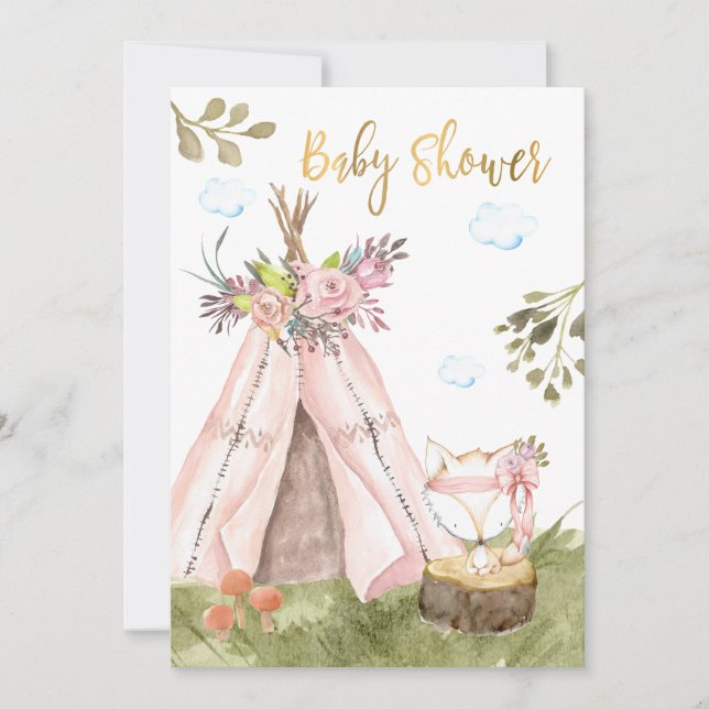 *~* Teepee Tent Boho Fox Woodland Forest Invitation (Front)