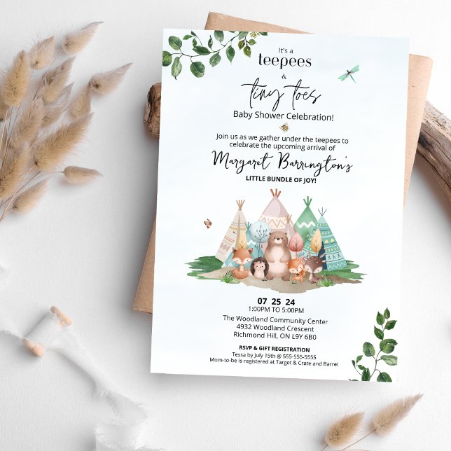 Teepees and Tiny Toes Baby Shower Invitation (Teepees & Tiny Toes Baby Shower Woodland Animal Invitation)